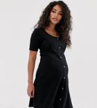 Asos Design Maternity Short Sleeve Ribbed Button Through Tea Dress - Black