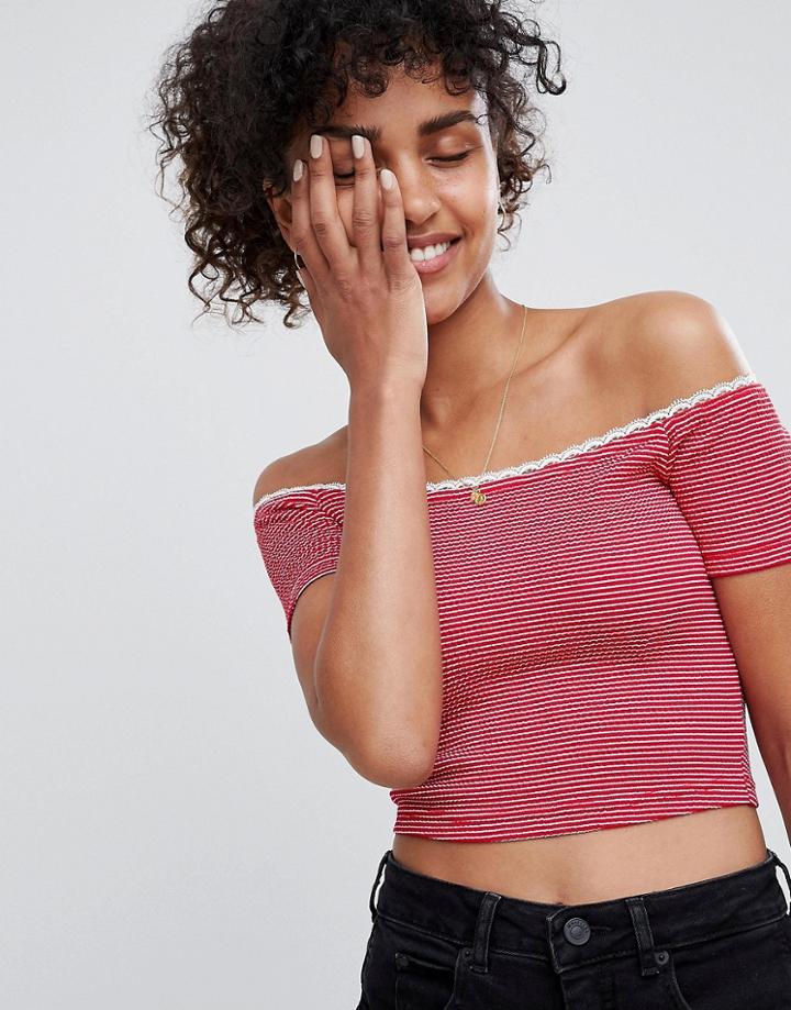 Asos Design Off Shoulder Crop Top In Textured Stripe With Lace Trim - Red