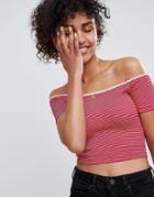 Asos Design Off Shoulder Crop Top In Textured Stripe With Lace Trim - Red