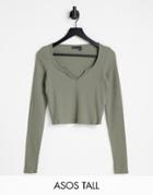 Asos Design Tall Top With Notch Neck In Waffle With Long Sleeve In Khaki-green