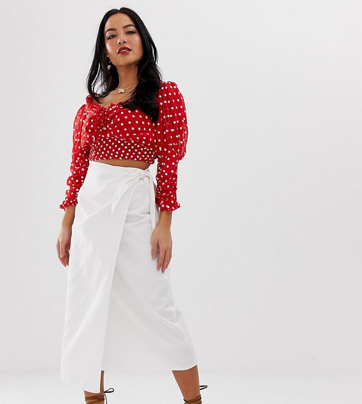 Asos Design Petite Denim Wrap Tie Front Midi Skirt In Off White - White