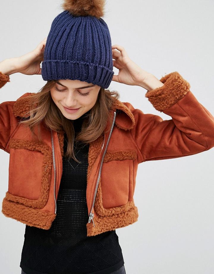 Boardmans Knitted Beanie Hat With Faux Fur Pom Pom - Navy