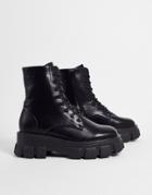 Truffle Collection Super Chunky Lace Up Boots In Black Faux Leather