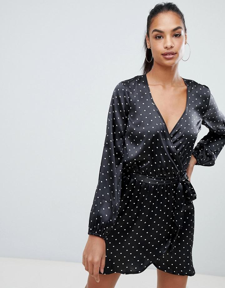 Boohoo Tie Waist Mini Dress In Polka Dot - Black