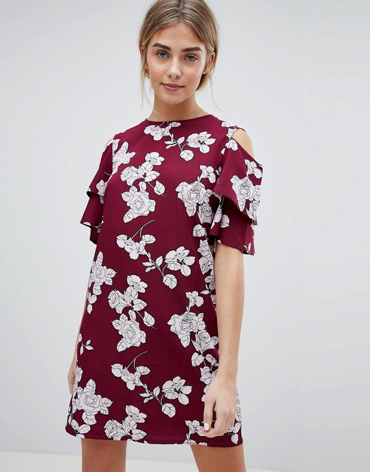 Daisy Street Floral Shift Dress With Cold Shoulder - Red