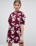 Daisy Street Floral Shift Dress With Cold Shoulder - Red
