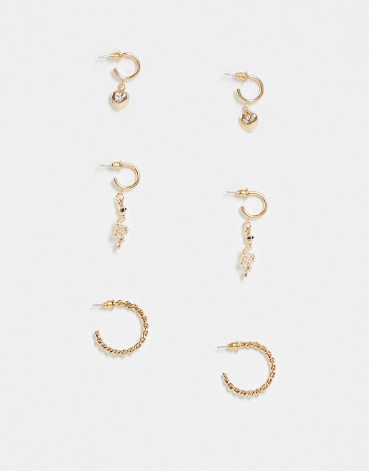 Topshop 3 Pack Snake And Heart Charm Earrings In Gold