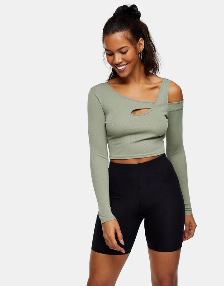 Topshop Long Sleeved Cut Out Top In Khaki-green