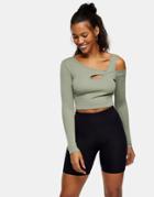Topshop Long Sleeved Cut Out Top In Khaki-green