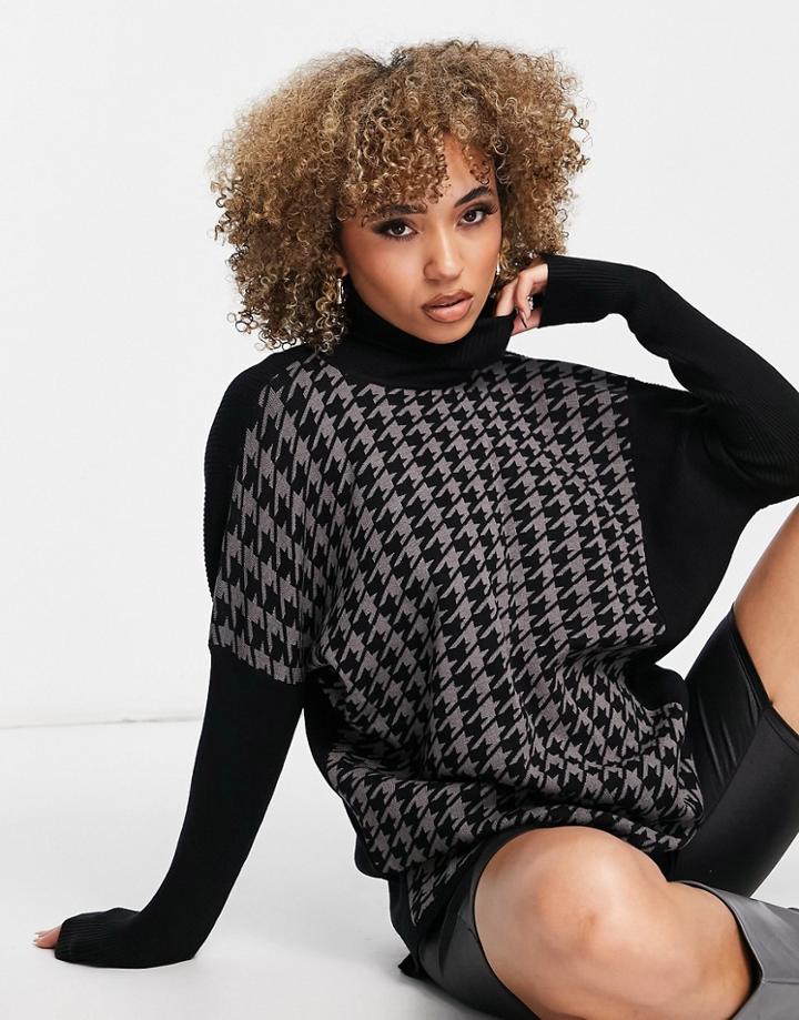Qed London Roll Neck Houndstooth Sweater In Gray-multi