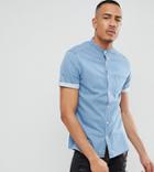 Asos Design Tall Stretch Slim Denim Shirt With Grandad Collar In Light Wash - Blue