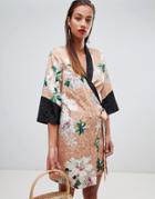 Asos Design Kimono Wrap Dress In Floral Jacquard Print - Multi