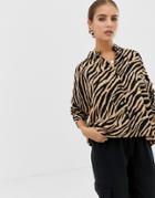 Asos Design Cropped Long Sleeve Shirt In Tiger Animal Print-multi