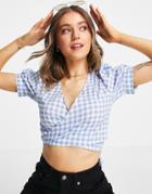 Stradivarius Tie Detail Poplin Top In Blue Gingham-blues