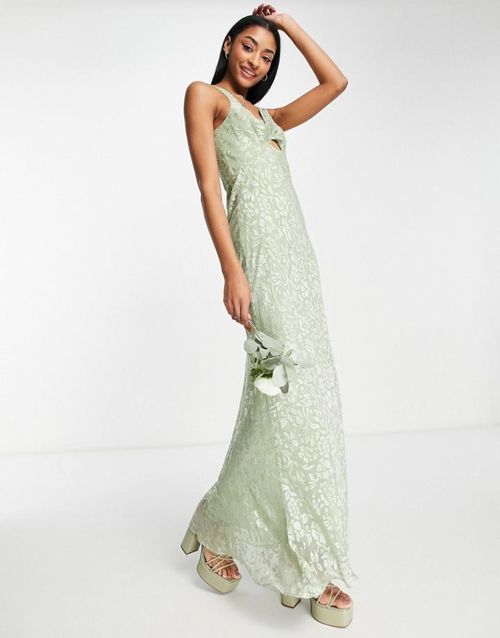 Asos Design Bridesmaid Twist Front Maxi Dress With Floral Devore Detail-green