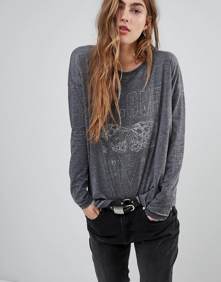 Blend She Bernie Printed Burnout Long Sleeved T-shirt - Gray