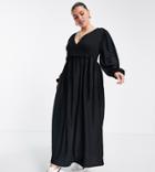 River Island Plus Shirred Bodice Wrap Midi Dress In Black