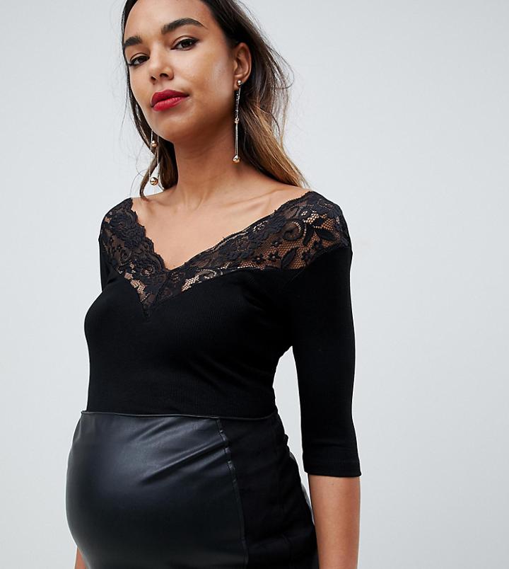 Asos Design Maternity Top With Lace Bardot Off Shoulder Trim - Black