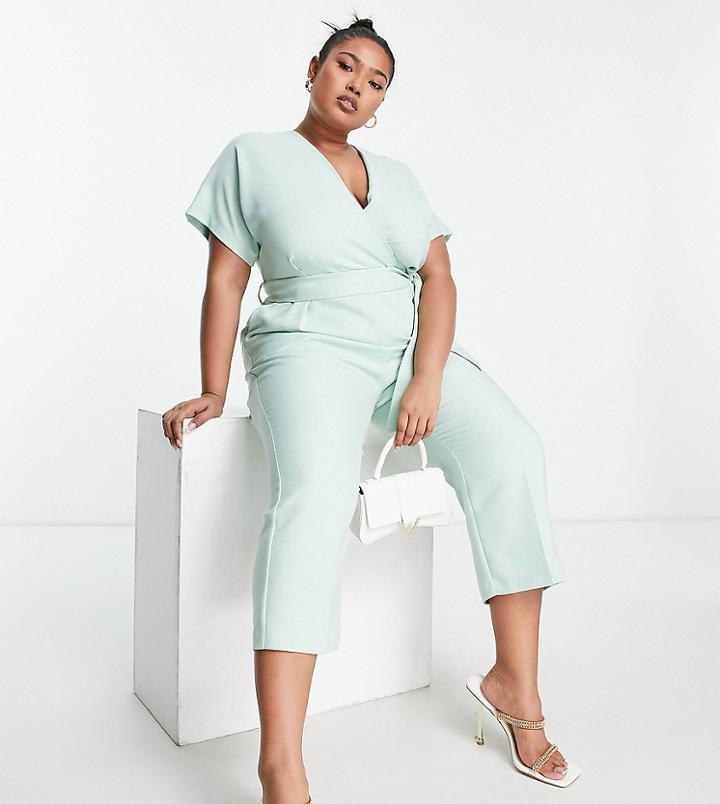 Closet London Plus Wrap Waist Tie Kimono Sleeve Jumpsuit In Sage-green