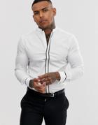Asos Design Wedding Slim Shirt With Manderin Collar In White With Contrast Piping - White