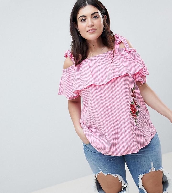 Lovedrobe Gingham Check Bardot Floral Motif Blouse - Pink