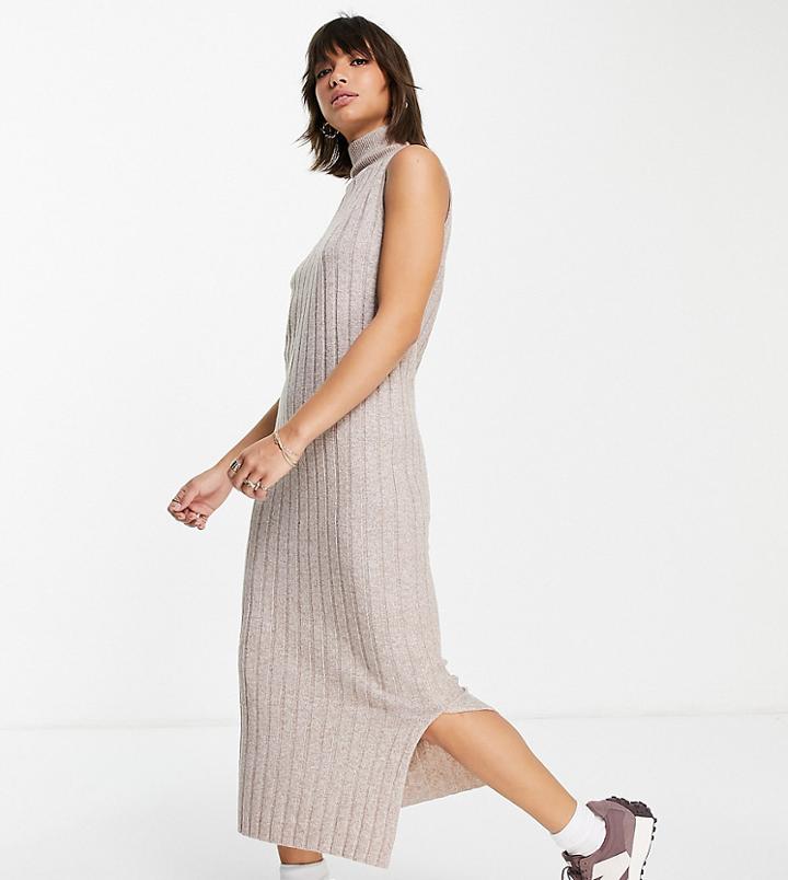 M Lounge Midi Column Dress With High Neck In Rib-brown