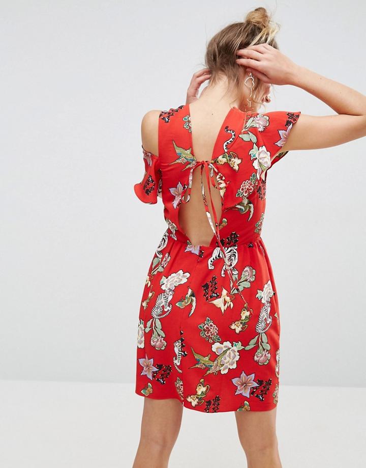 Asos Ruffle Tea Dress With Open Back In Badge Print - Multi