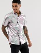 Asos Design Regular Fit Revere Collar Metallic Shirt - Silver