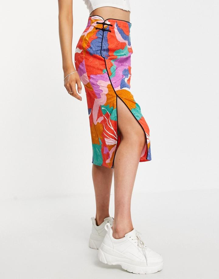 Urban Revivo Midi Skirt With Front Split In Red Print