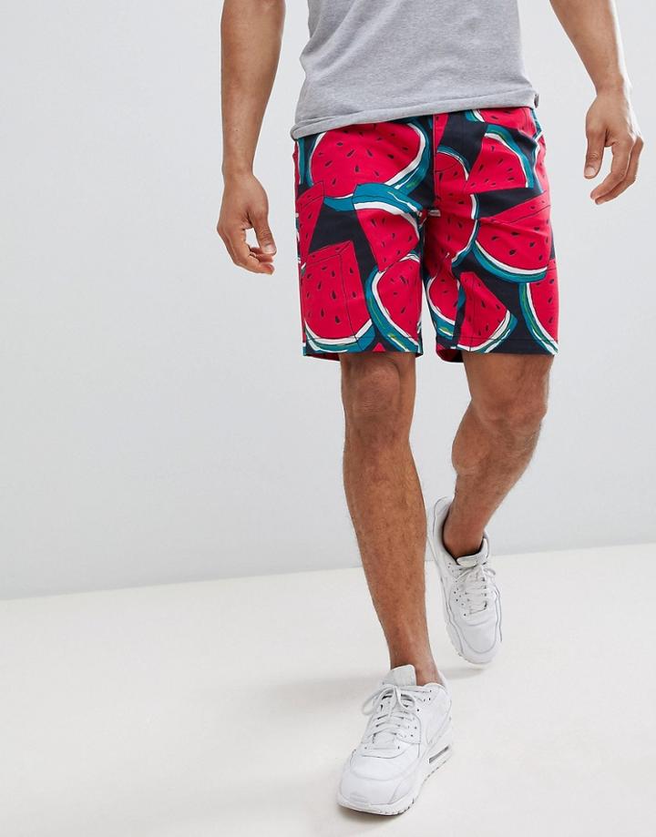 Asos Design Slim Shorts In Navy With Watermelon Print - Navy