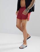 Asos Runner Swim Shorts With Elastic Waist In Burgundy & Orange Binding In Short Length - Red