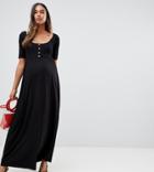 Asos Design Maternity Mixed Fabric Maxi Dress With Tortoiseshell Buttons - Black