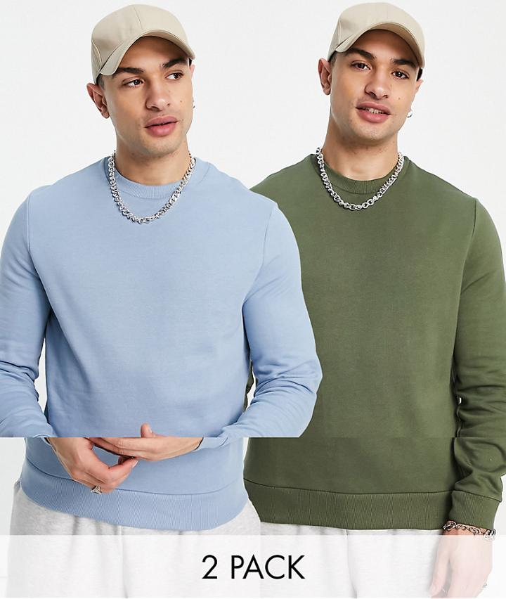 Asos Design Sweatshirt In Blue/khaki 2 Pack-multi