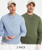 Asos Design Sweatshirt In Blue/khaki 2 Pack-multi
