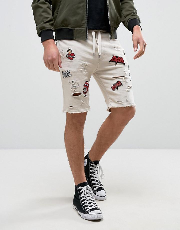Black Kaviar Distressed Shorts In Beige With Patches - Beige