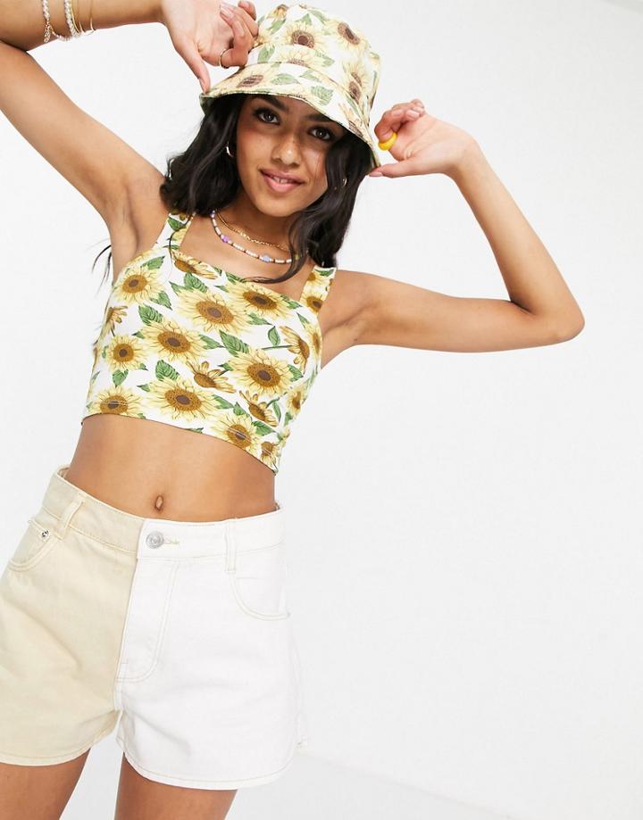Monki Maddy Cotton Sunflower Print Crop Top In Multi