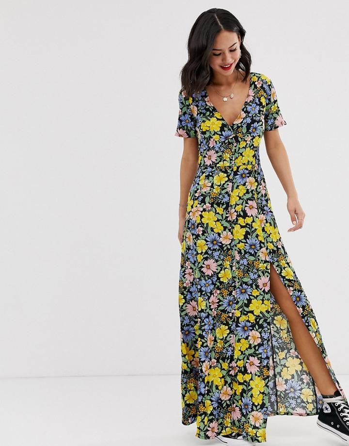 Miss Selfridge Maxi Dress With Button Through In Black Pattern - Black