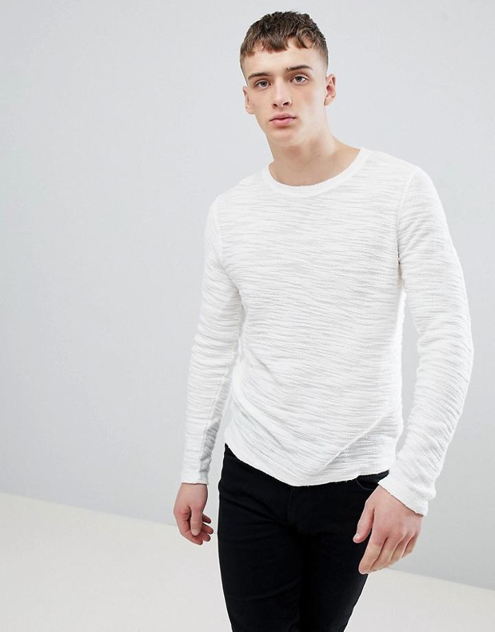 Solid Knitted Sweater In Texture With Raw Edge - White