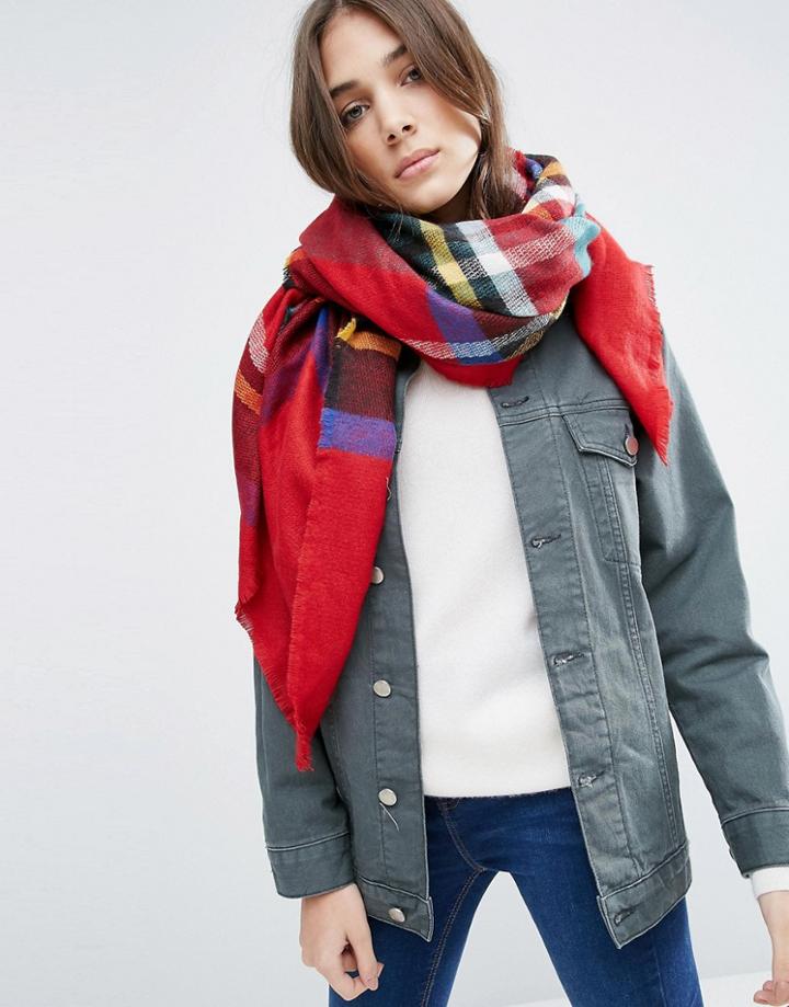 Asos Lightweight Square Scarf In Plaid Check - Red