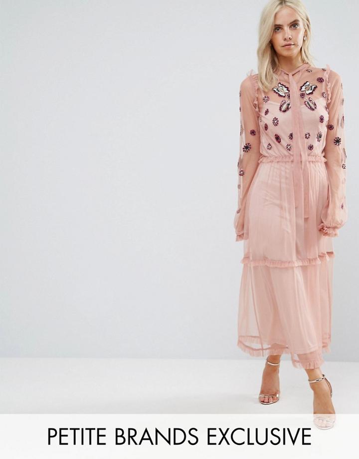 Frock And Frill Petite Embroidered Ruffle Hem Tiered Maxi Dress With Neck Tie Detail - Pink