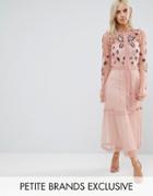 Frock And Frill Petite Embroidered Ruffle Hem Tiered Maxi Dress With Neck Tie Detail - Pink