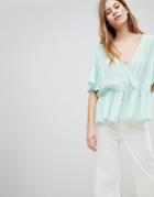Asos Design Oversized Wrap Top With Flutter Sleeve - Green