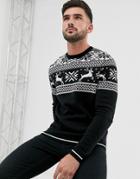 Asos Design Fairisle Sweater In Muscle Fit With Stag Design In Black
