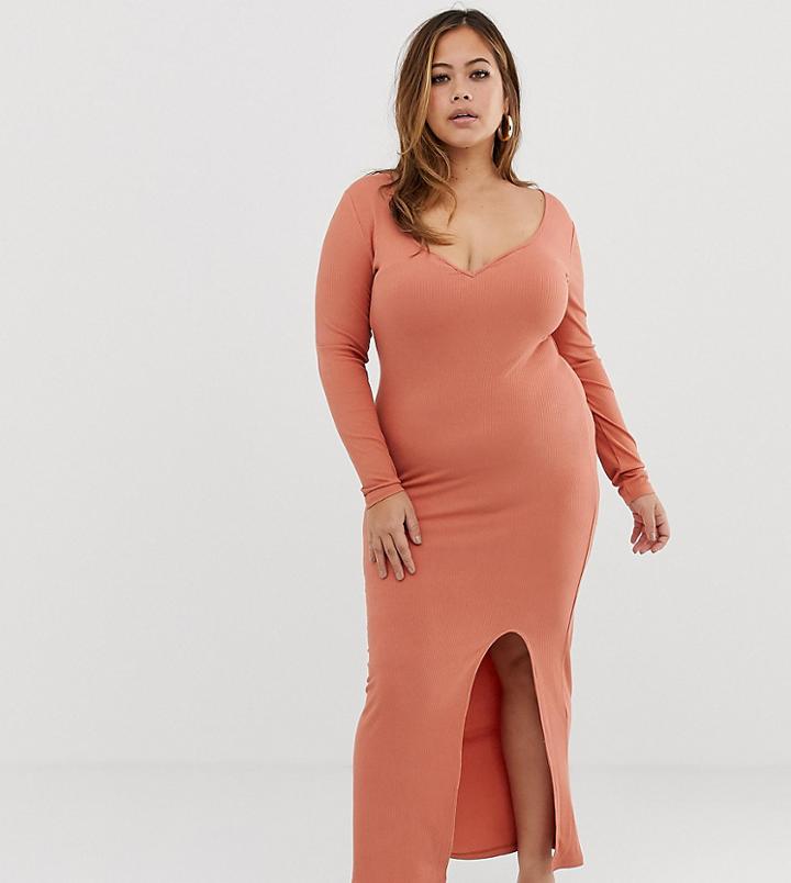 Asos Design Curve Rib Maxi Dress With Sweetheart Neck And Split-orange