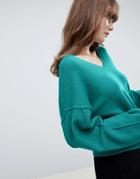 Asos Design Fluffy Sweater With V Neck - Green