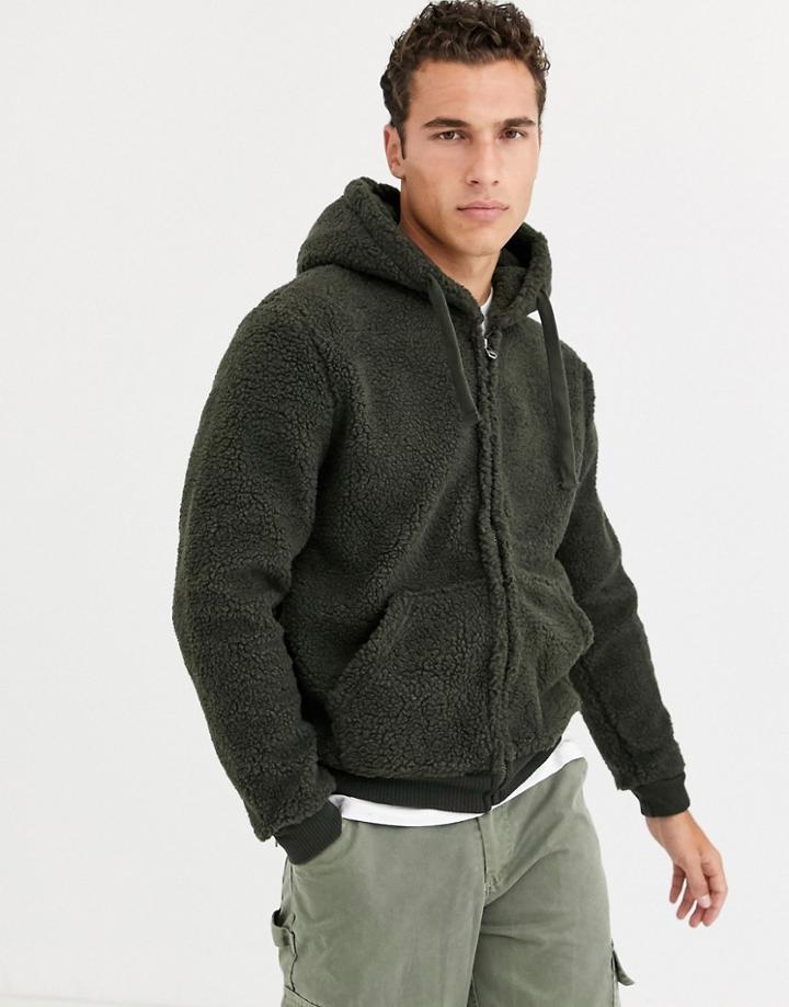Brave Soul Borg Zip Through Hoodie In Khaki-green