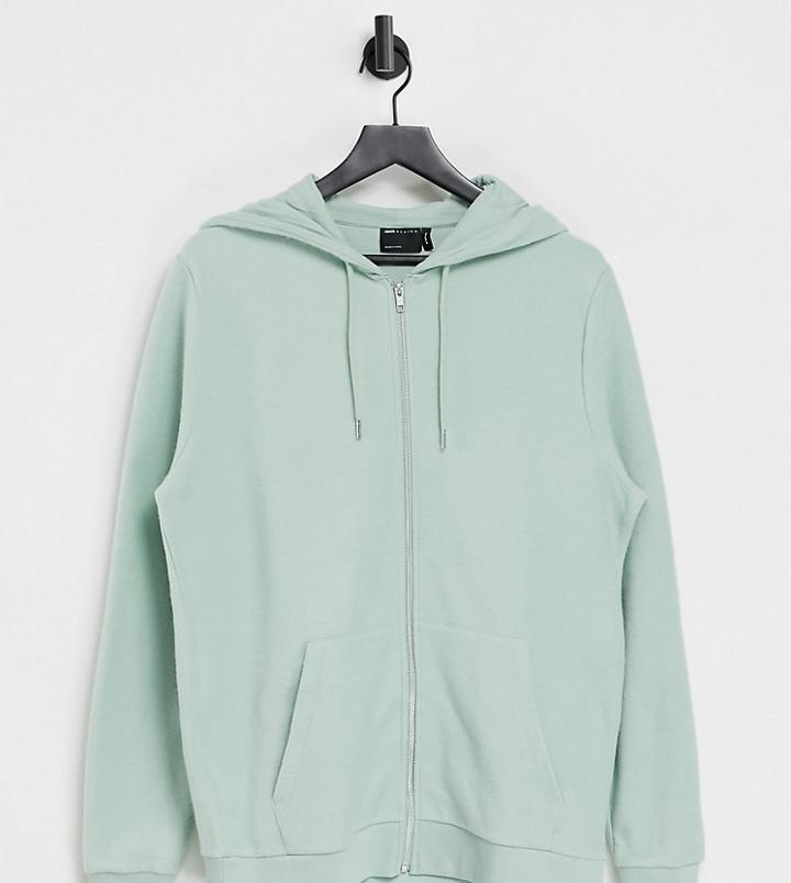 Asos Design Tall Organic Zip Up Hoodie In Green Reverse Fleece