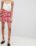 Asos Design Satin Mini Skirt With Ruffle Detail In Floral Print - Multi
