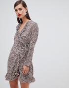 Unique 21 Leopard Print Long Sleeve Wrap Dress With Frill-multi