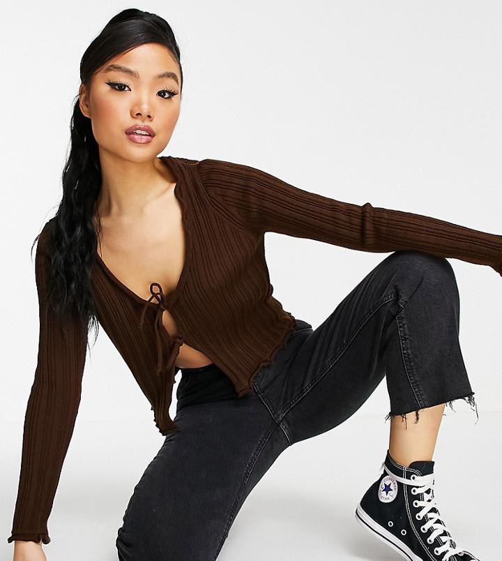 Asos Design Petite Ribbed Cardigan With Tie Front Detail In Brown